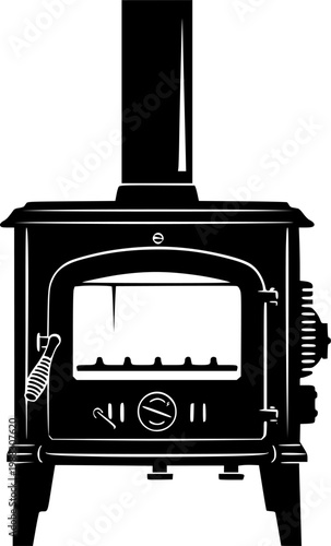 Black Silhouette of a Wood Burning Stove isolated on white background

