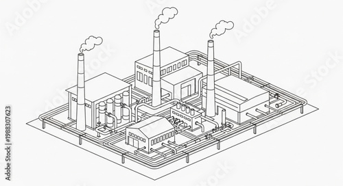 Industrial Factory Building Complex with Smokestacks.