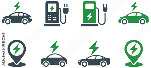 ev charging icon collection, electric vehicle station plug socket symbols, hybrid battery power set, green transportation mobility concept, sustainable energy vector illustration, modern clean design 