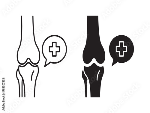 Human knee joint illustration with medical cross symbols in speech bubbles