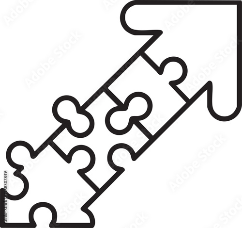 Puzzle pieces forming an arrow pointing upwards in a vector graphic illustration symbolizing problem solving and progress
