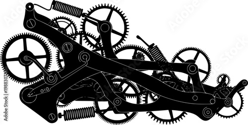 Black silhouette of mechanical clockwork mechanism isolated on white background
