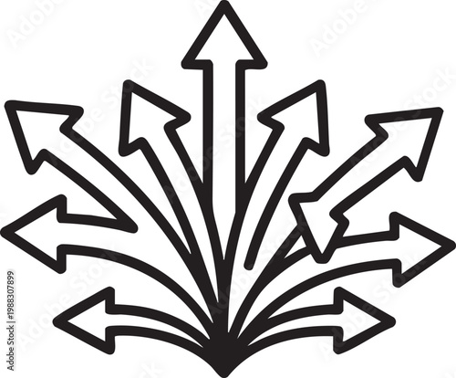 Black and white vector illustration of multiple arrows pointing in different directions originating from a single point