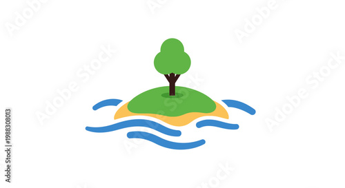 Minimalist Illustration of an Island with a Tree Surrounded by Water in a Vector Style