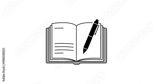 Minimalist Illustration of an Open Book with a Pen Symbolizing Writing and Knowledge Acquisition