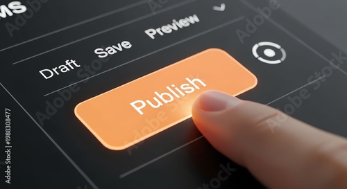Close-up of a person pressing the publish button on a digital device screen.