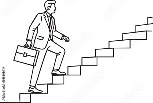 Businessman climbing stairs with briefcase in hand symbolizing career advancement and professional growth.