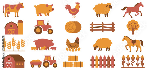 Farm animals and equipment vector icons collection