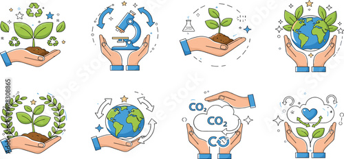 Environmental conservation and science vector set featuring hands holding earth plants microscope and carbon dioxide icons in a flat minimalist style