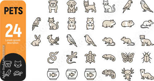 A set of pet icons in flat design style, including various animals and pet-related objects, suitable for use in marketing materials, educational resources, or lifestyle blogs.