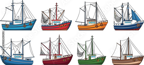 Fishing boat vector set featuring industrial trawlers, commercial fishing vessels, and harbor ships with rigging and nets in a flat minimalist style