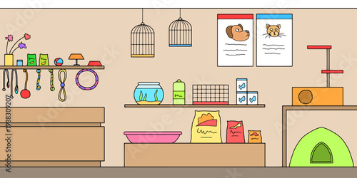 Pet shop store graphic interior color sketch illustration vector 