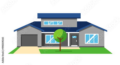 Modern Suburban House Vector Illustration, Flat Design Style Graphic for Real Estate and Property Development Concepts