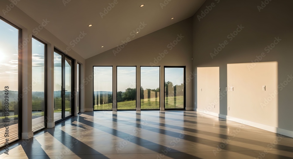 Fototapeta premium Spacious Modern Living Room with Floor-to-Ceiling Windows and Scenic View.