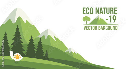 Green Eco Nature Landscape with Mountains, Trees, and Cartoon Turtle