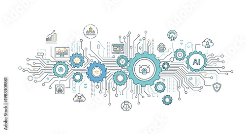AI Technology Integration and Automation Network with Gears and Circuitry
