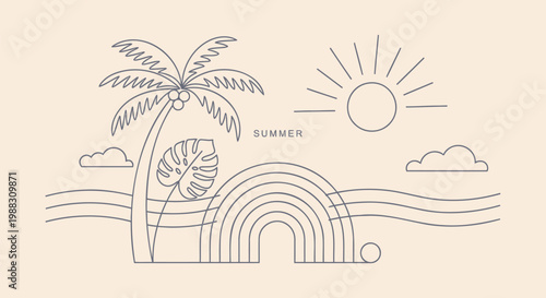 Summer beach scene, palm tree, rainbow, sun icon, line art illustration