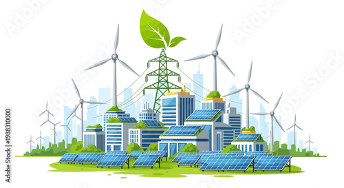 Sustainable Cityscape: Green Energy with Solar Panels and Wind Turbines