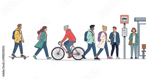 Diverse People Commuting by Bicycle, Skateboard, and Walking to Bus Stop