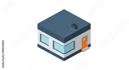 Isometric modern building with orange door, flat roof, and large windows on white background