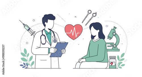Doctor Consults Patient with Heartbeat Icon, Syringe, Microscope, and Medicine