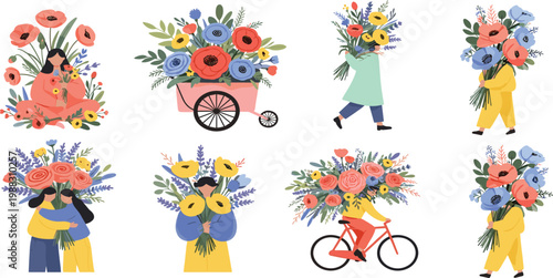 People with giant flower bouquets vector set featuring floral delivery bicycle wheelbarrow and hugging characters in a flat minimalist style