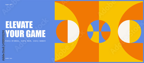 Sport Court Abstract Banner Template Vector with Geometric Shapes and Bold Typography on Blue, Orange Yellow Background for Tournament Championship and Club Promotion Commercial Web Banner basketball 