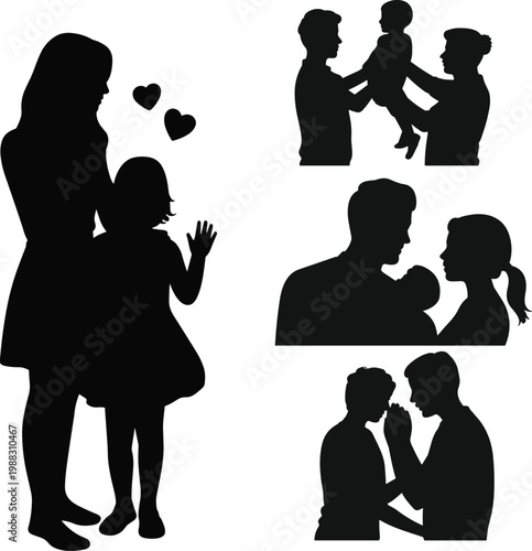 Happy family silhouette set featuring mother and daughter with hearts parents playing with child and newborn baby for parenthood love and childhood concepts.