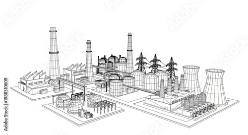 Industrial power plant complex drawing illustration.