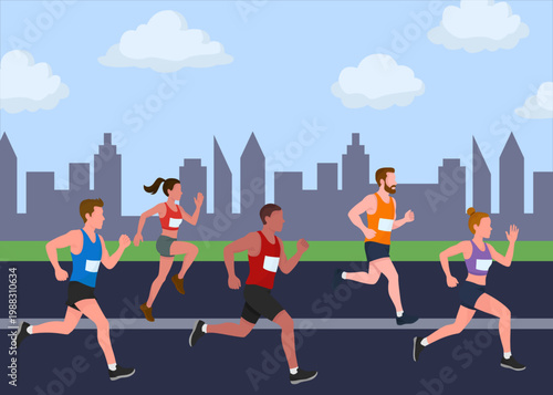 Diverse people running marathon in the city illustration Teamwork and healthy lifestyle concept