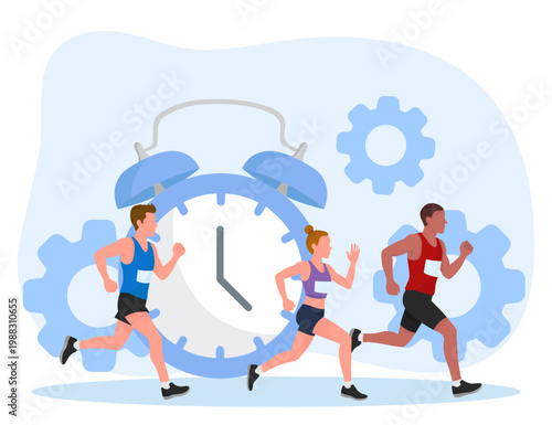 Time management and efficiency concept with marathon runners Fast paced lifestyle and deadline metaphor illustration