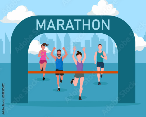 Diverse runners crossing the marathon finish line in the city Group of athletes reaching the finish ribbon