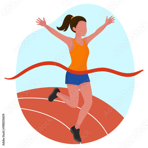 Female runner crossing the finish line conceptual illustration Success and achievement concept with girl athlete winning marathon
