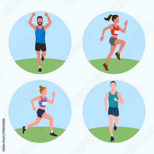 Dynamic collection of runner and sprinter silhouettes in circular icons. Perfect for fitness apps, sports branding, activity tracking, and athletic lifestyle design projects. Simple and modern.