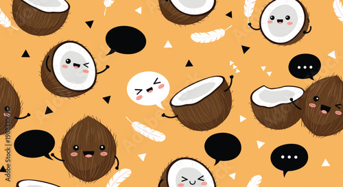 Funny coconut characters with various facial expressions and speech bubbles are shown in a seamless pattern on orange.