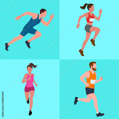 Set of people jogging and sprinting for fitness concept Athletes and runners pack isolated on blue background
