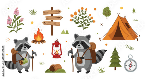 Large collection of camping icons featuring cute raccoons with backpacks, tent, campfire, lantern, and compass.