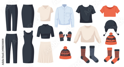 Comprehensive set of clothing icons including formal pants, skirts, dresses, winter hats, sweaters, and socks.
