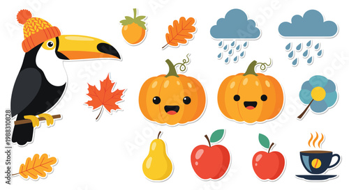 Autumn sticker collection featuring a toucan in a winter hat, pumpkins, maple leaves, apples, and hot coffee.