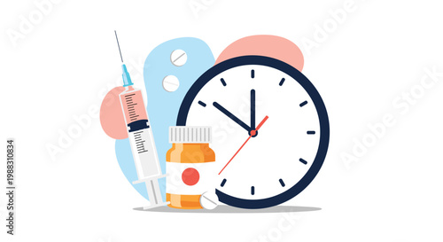 Medical time management concept with a large clock, syringe, pill bottle, and capsules on an abstract background.