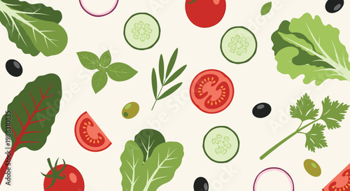 Healthy food background featuring a fresh pattern of lettuce, sliced tomatoes, cucumbers, olives, and green herbs.