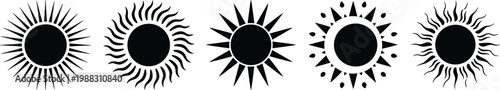Black sun icon set with stylized rays, abstract solar symbols, vector graphic design, energy warmth light illustration, decorative elements