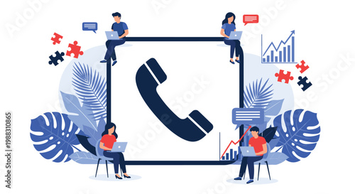 Customer service and communication concept showing people working on laptops around a large telephone handset icon.