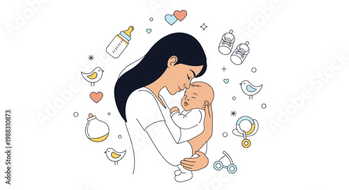 Loving mother embracing her baby surrounded by thin line icons of birds, hearts, and various baby accessories.