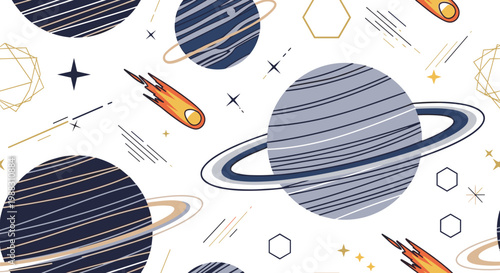 Colorful seamless pattern of the solar system with planets, rings, comets, stars, and geometric space shapes.