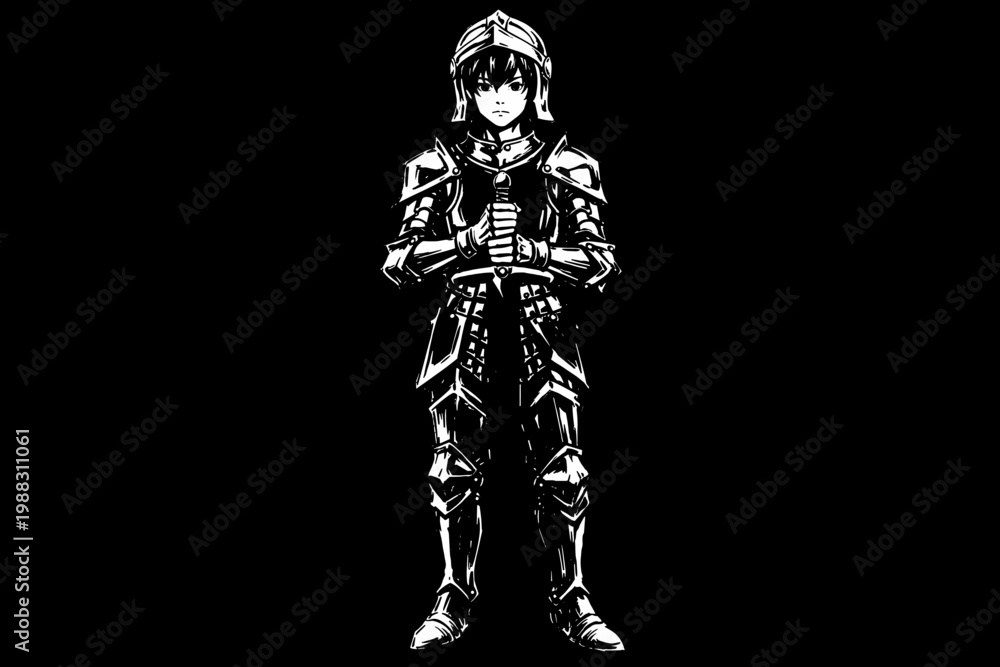 Fototapeta premium Teen armored knight front view isolated on black background line art fantasy character