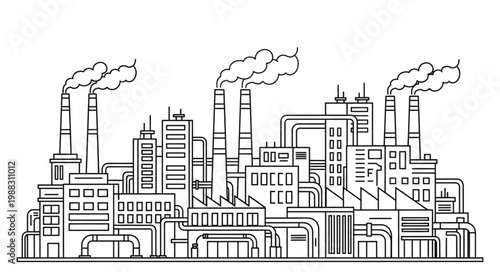 Industrial Factory Complex with Smoke Emitting Chimneys.