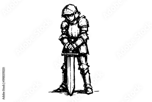 Young medieval knight with lowered gaze holding sword line art fantasy character sketch