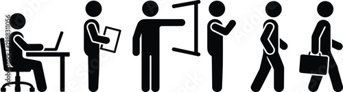 Business workflow stick figure icons, office desk laptop worker, clipboard manager, presentation board speaker, walking employee, briefcase professional career progression