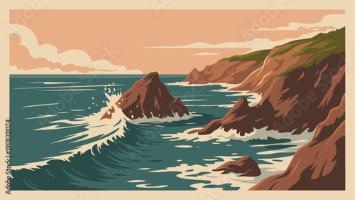 Coastal cliff waves crashing rocks scenic ocean landscape illustration, dramatic seashore cliffs with vegetation, serene sunset sky art